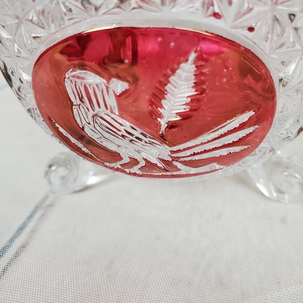 Vintage German Hofbauer Byrdes Bird Ruby Flashed Crystal Footed Candy Dish - Picture 2 of 10